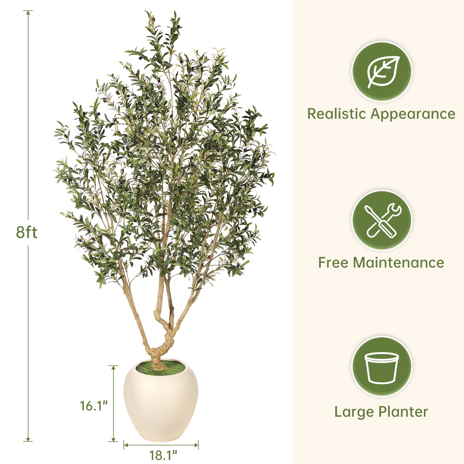 Realead 8’ Large Olive Tree with Tall Planter
